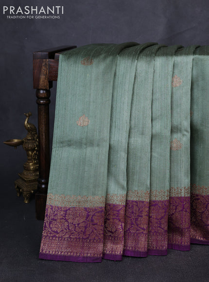 Banarasi raw silk saree pastel green and deep purple with thread & zari woven buttas and long thread & zari woven border