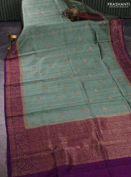 Banarasi raw silk saree pastel green and deep purple with thread & zari woven buttas and long thread & zari woven border