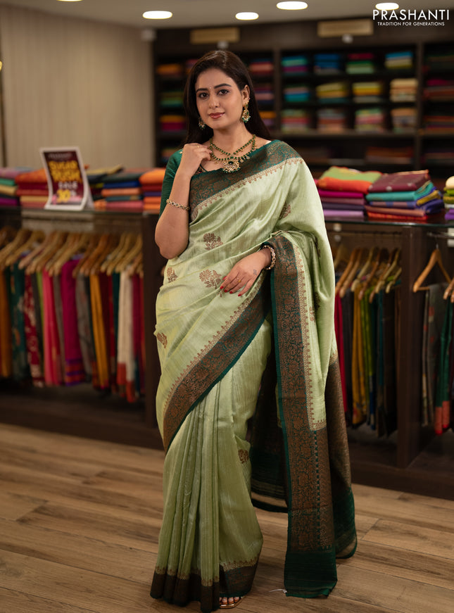 Banarasi raw silk saree pista green and green with allover thread & zari woven buttas and thread & zari woven border