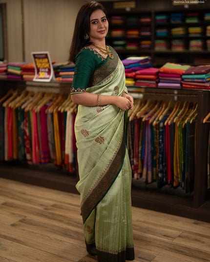 Banarasi raw silk saree pista green and green with allover thread & zari woven buttas and thread & zari woven border