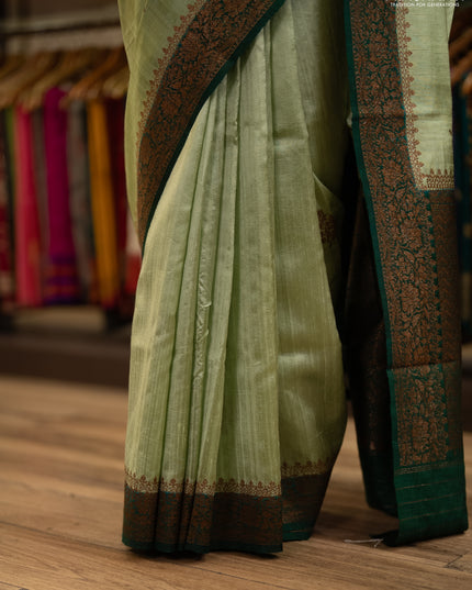 Banarasi raw silk saree pista green and green with allover thread & zari woven buttas and thread & zari woven border