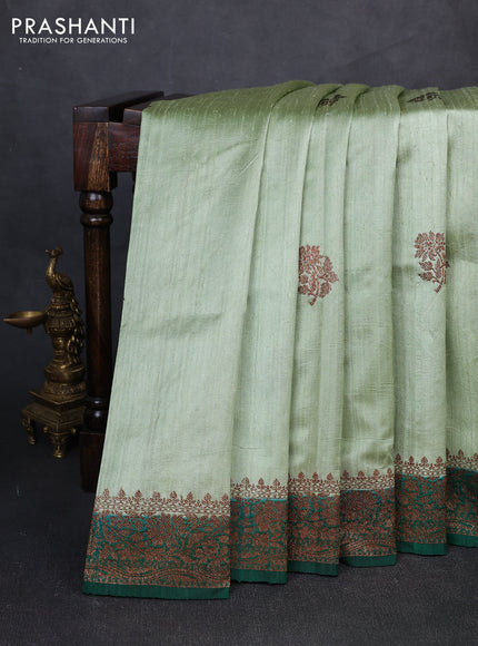 Banarasi raw silk saree pista green and green with allover thread & zari woven buttas and thread & zari woven border