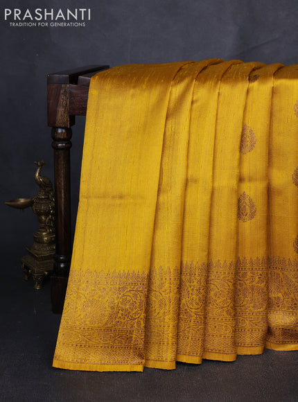 Banarasi raw silk saree mustard yellow and pink with allover thread & zari woven buttas and long thread & zari woven border