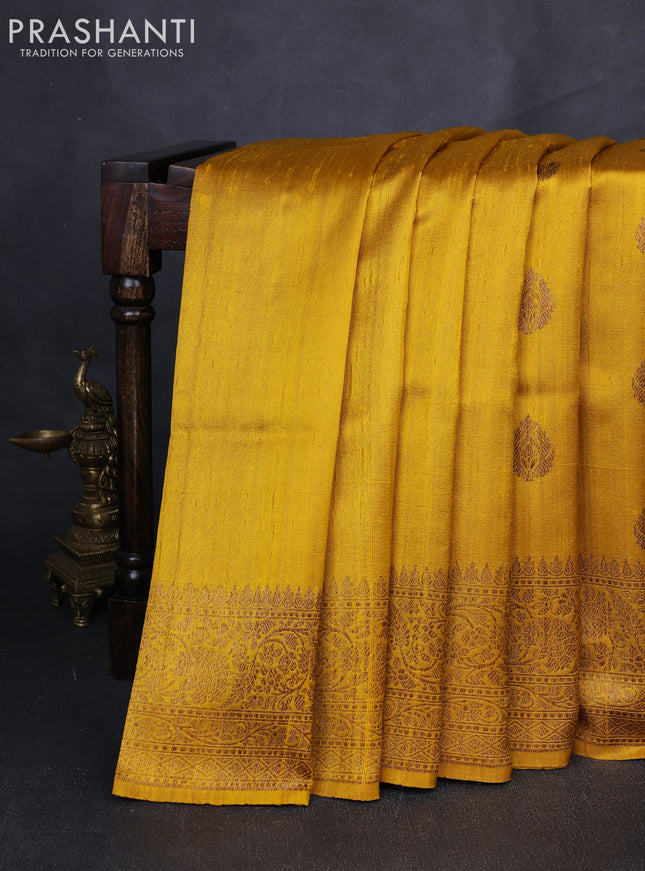 Banarasi raw silk saree mustard yellow and pink with allover thread & zari woven buttas and long thread & zari woven border