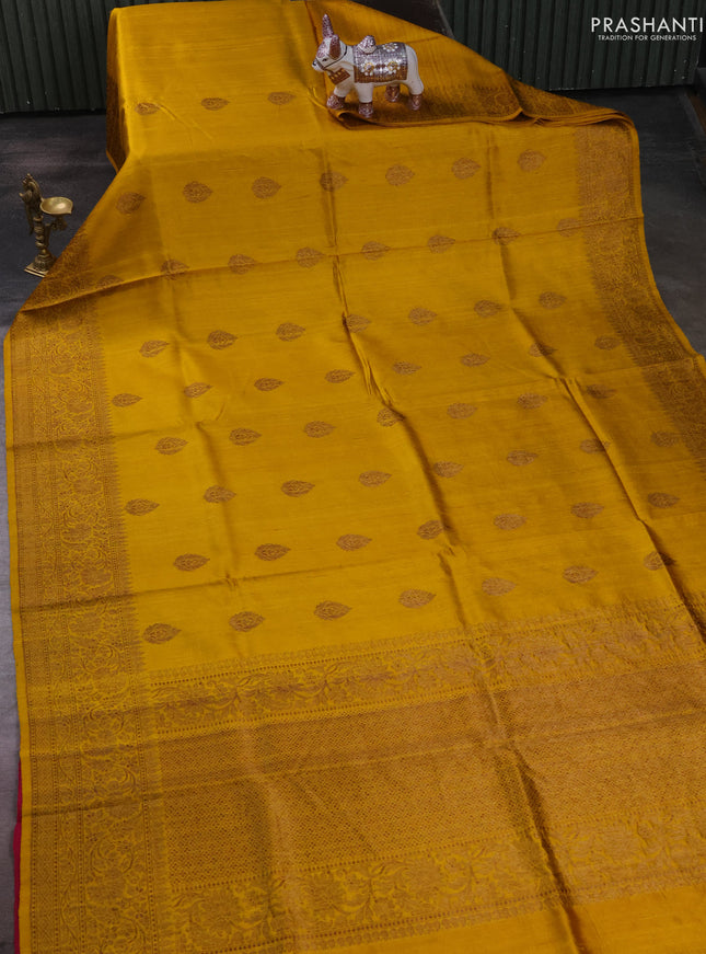 Banarasi raw silk saree mustard yellow and pink with allover thread & zari woven buttas and long thread & zari woven border