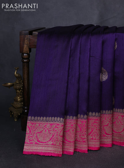 Banarasi raw silk saree deep violet and pink with thread & zari woven buttas and long thread & zari woven border