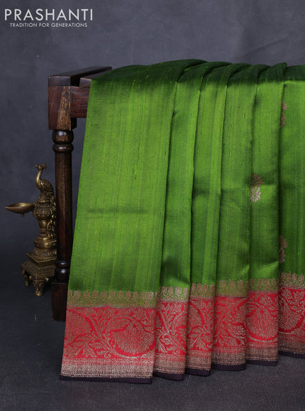 Banarasi raw silk saree light green and deep jamun with thread & zari woven buttas and long thread & zari woven border