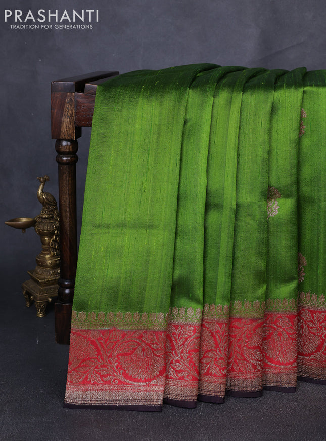 Banarasi raw silk saree light green and deep jamun with thread & zari woven buttas and long thread & zari woven border