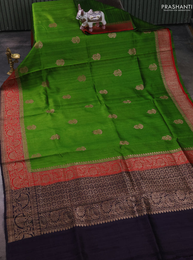 Banarasi raw silk saree light green and deep jamun with thread & zari woven buttas and long thread & zari woven border