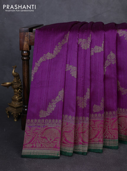 Banarasi raw silk saree purple and green with allover thread & zari woven weaves and long thread & zari woven border