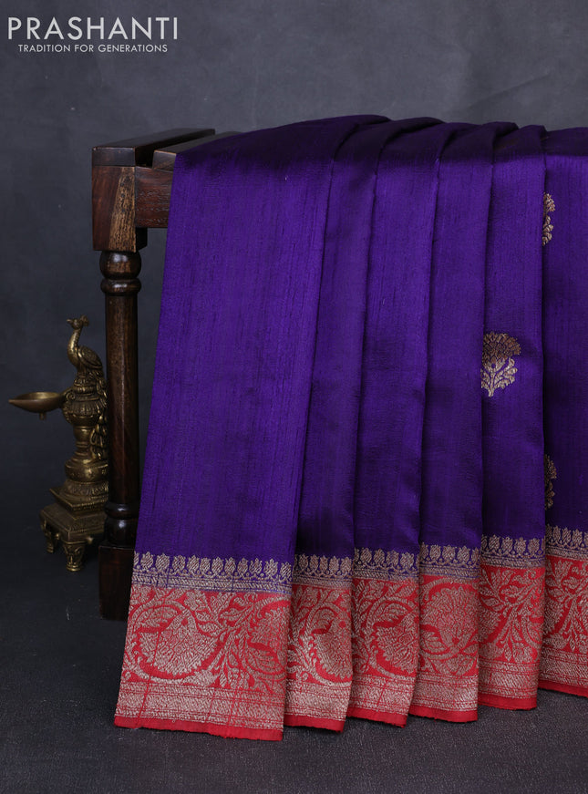 Banarasi raw silk saree violet and red with allover thread & zari woven buttas and long thread & zari woven border