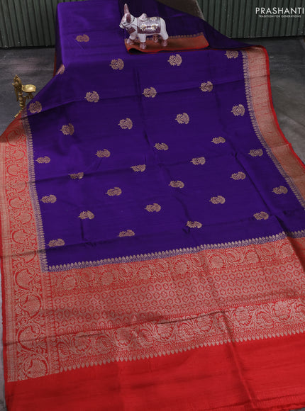 Banarasi raw silk saree violet and red with allover thread & zari woven buttas and long thread & zari woven border