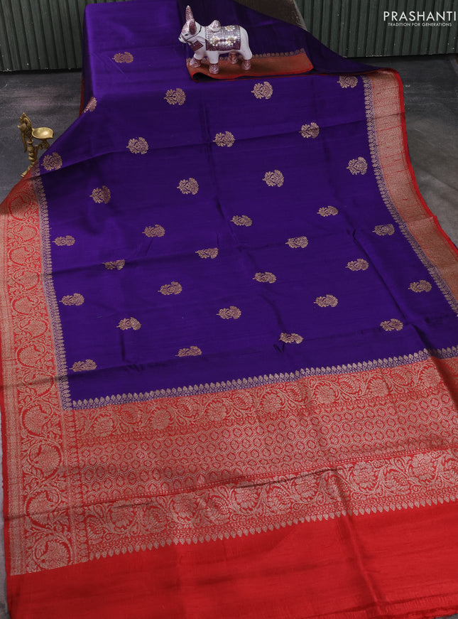 Banarasi raw silk saree violet and red with allover thread & zari woven buttas and long thread & zari woven border