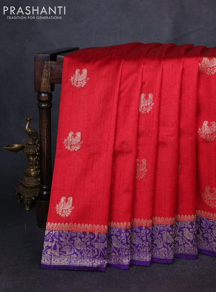 Banarasi raw silk saree red and violet with zari woven buttas and zari woven border
