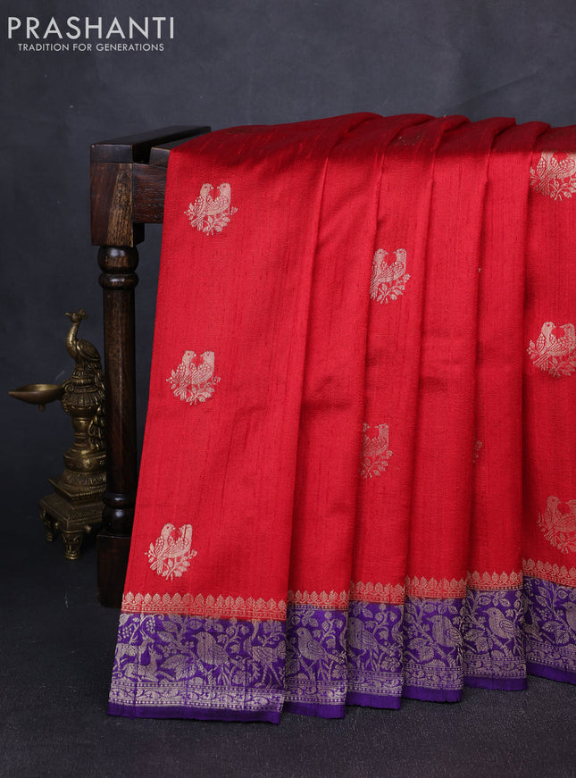 Banarasi raw silk saree red and violet with zari woven buttas and zari woven border