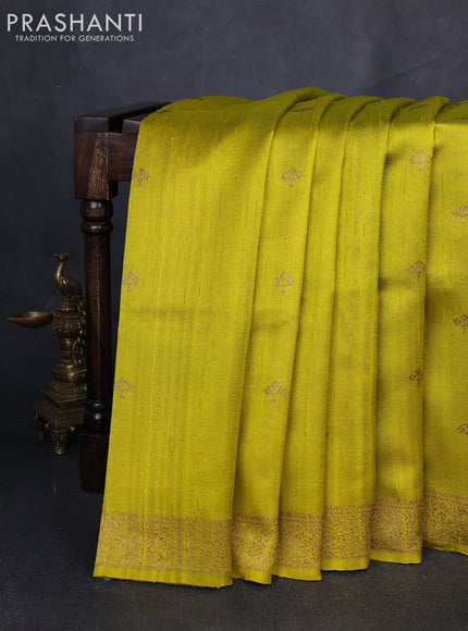 Banarasi raw silk saree lime yellow with thread & zari woven buttas and thread & zari woven border
