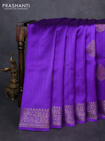 Banarasi raw silk saree violet with thread & zari woven buttas and thread & zari woven border