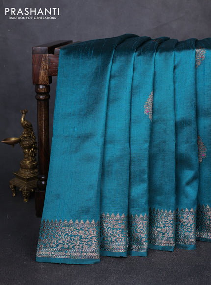 Banarasi raw silk saree teal green with thread & zari woven buttas and thread & zari woven border