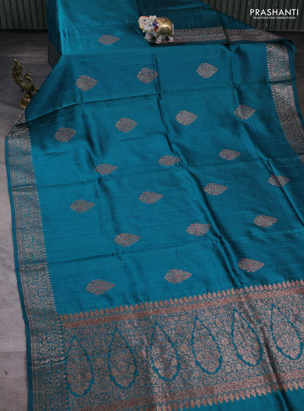 Banarasi raw silk saree teal green with thread & zari woven buttas and thread & zari woven border