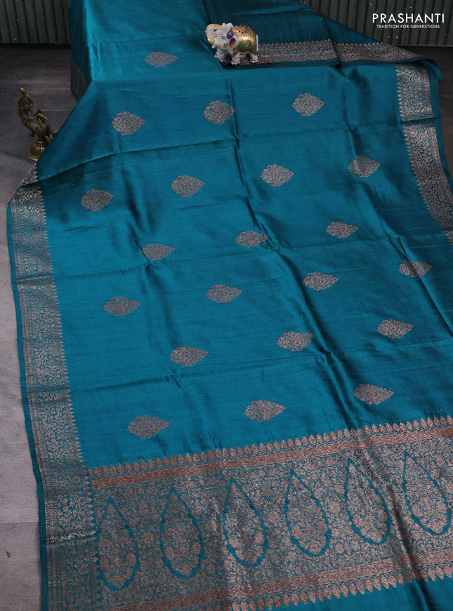 Banarasi raw silk saree teal green with thread & zari woven buttas and thread & zari woven border