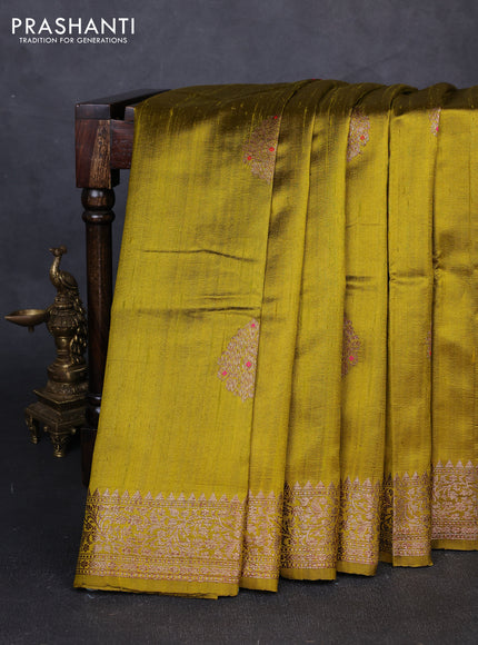 Banarasi raw silk saree lime green with thread & zari woven buttas and thread & zari woven border