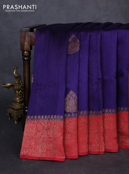 Banarasi raw silk saree blue and red with thread & zari woven buttas and long thread & zari woven border