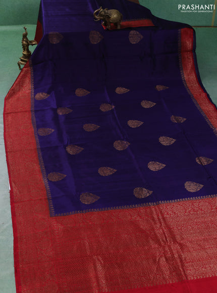 Banarasi raw silk saree blue and red with thread & zari woven buttas and long thread & zari woven border