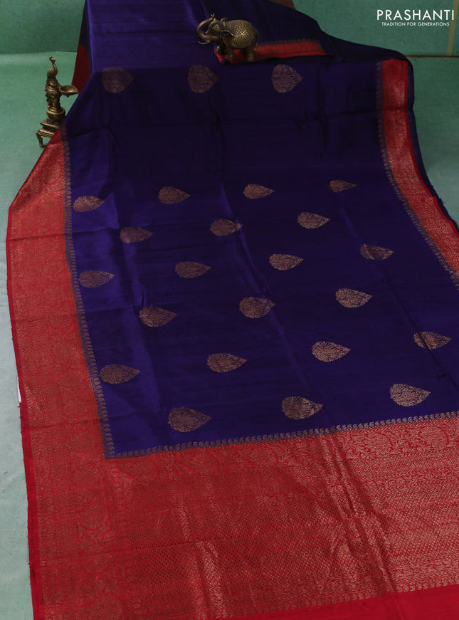 Banarasi raw silk saree blue and red with thread & zari woven buttas and long thread & zari woven border