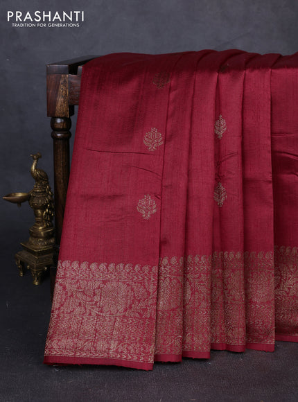 Banarasi raw silk saree red and mustard yellow with thread & zari woven buttas and long thread & zari woven border