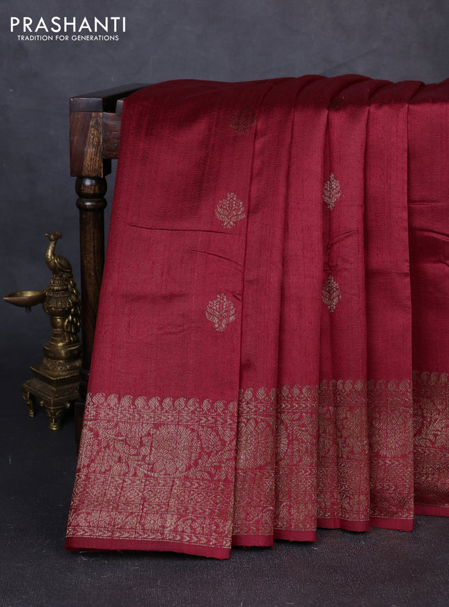 Banarasi raw silk saree red and mustard yellow with thread & zari woven buttas and long thread & zari woven border