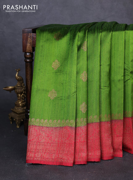 Banarasi raw silk saree green and red with thread & zari woven buttas and long thread & zari woven border