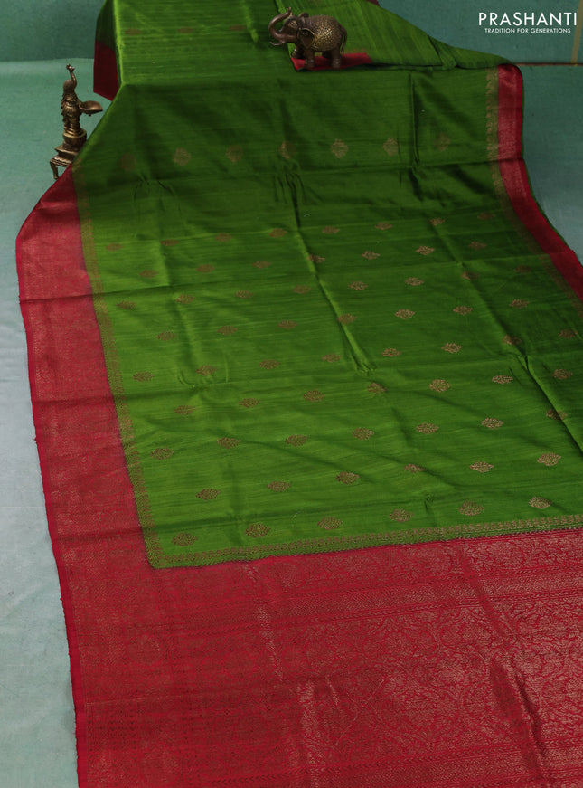 Banarasi raw silk saree green and red with thread & zari woven buttas and long thread & zari woven border