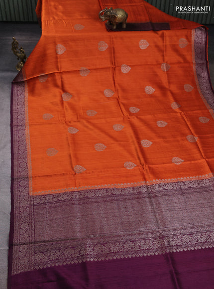 Banarasi raw silk saree rustic orange and wine shade with thread & zari woven buttas and thread & zari woven border