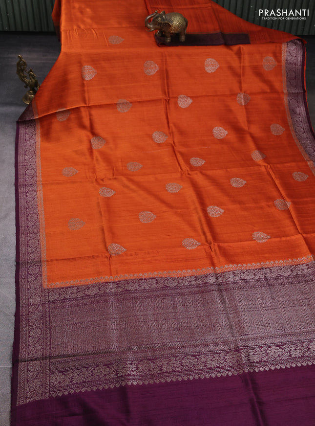 Banarasi raw silk saree rustic orange and wine shade with thread & zari woven buttas and thread & zari woven border