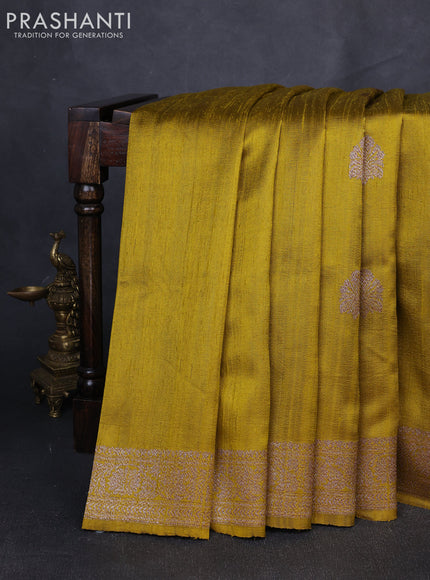 Banarasi raw silk saree mustard green and pink with thread & zari woven buttas and thread & zari woven border