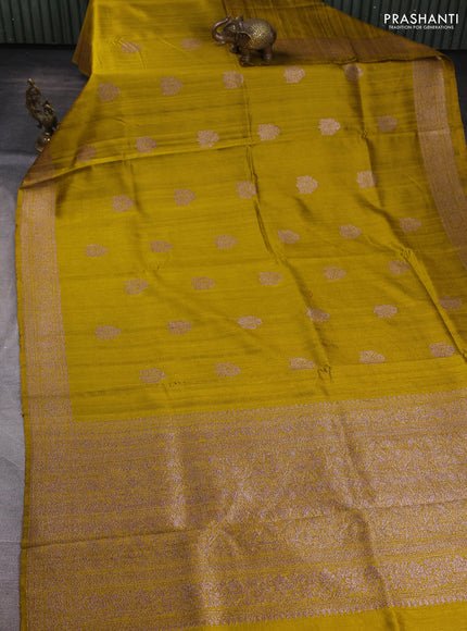 Banarasi raw silk saree mustard green and pink with thread & zari woven buttas and thread & zari woven border