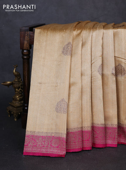 Banarasi raw silk saree sandal and pink with thread & zari woven buttas and thread & zari woven border