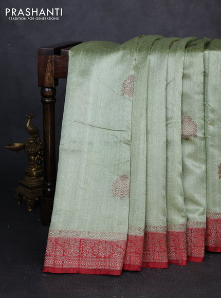 Banarasi raw silk saree pista green and maroon with thread & zari woven buttas and thread & zari woven border