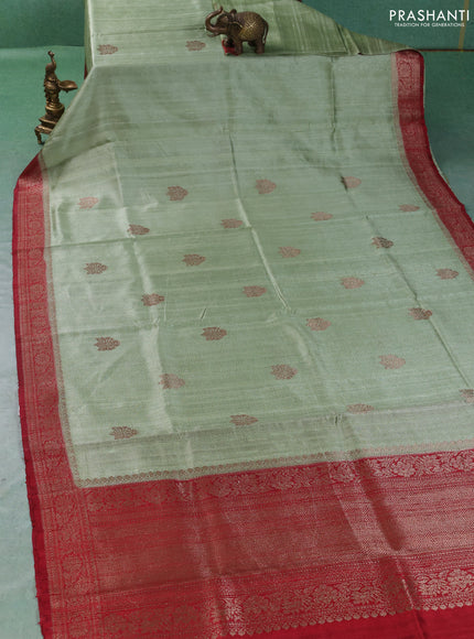 Banarasi raw silk saree pista green and maroon with thread & zari woven buttas and thread & zari woven border