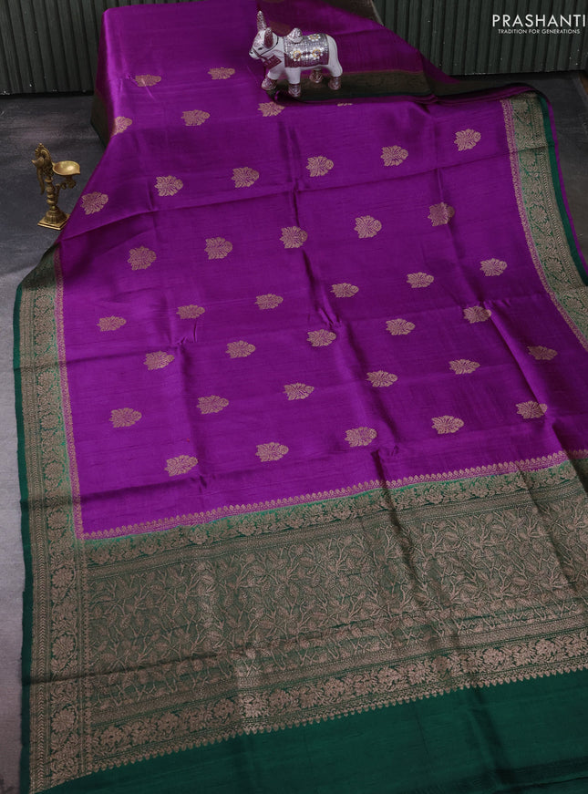 Banarasi raw silk saree purple and green with thread & zari woven buttas and thread & zari woven border