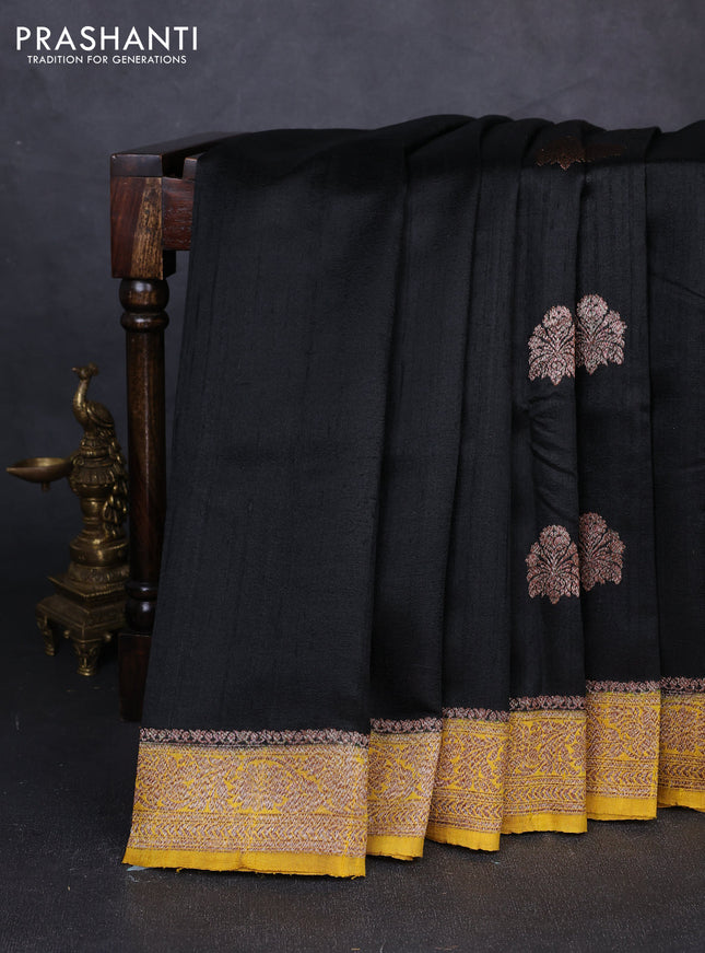 Banarasi raw silk saree black and mustard yellow with thread & zari woven buttas and thread & zari woven border