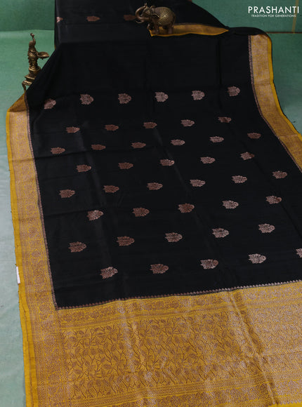 Banarasi raw silk saree black and mustard yellow with thread & zari woven buttas and thread & zari woven border