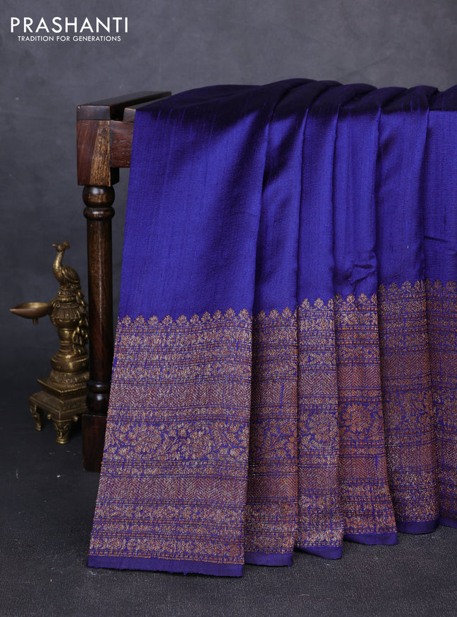 Banarasi raw silk saree blue and pink with plain body and long thread & zari woven border