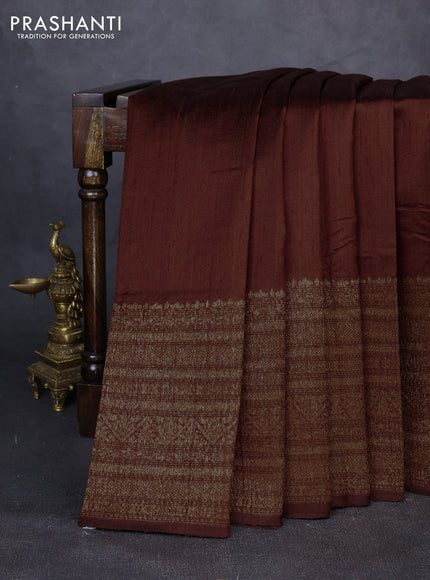 Banarasi raw silk saree brown and red with plain body and long thread & zari woven border