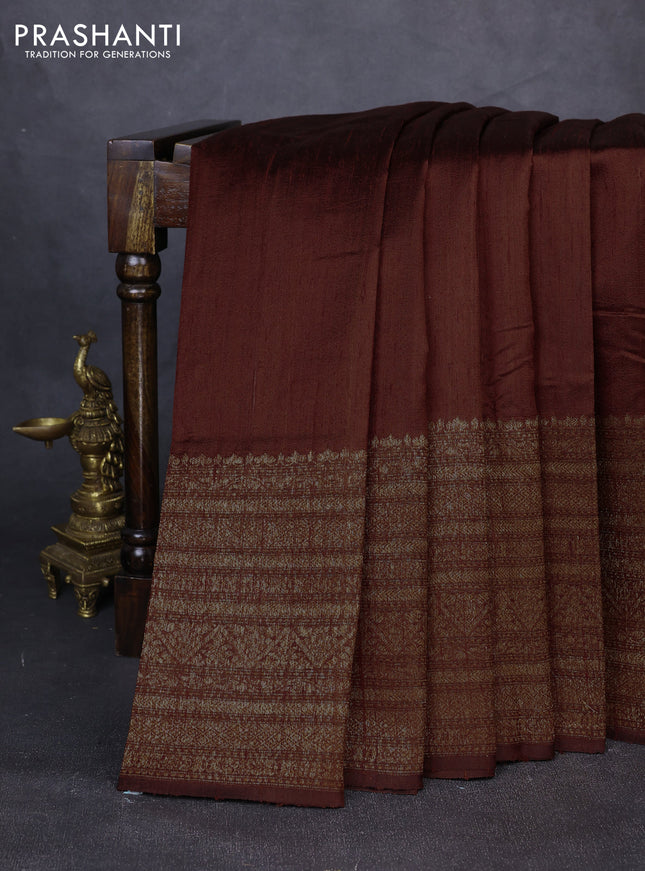 Banarasi raw silk saree brown and red with plain body and long thread & zari woven border