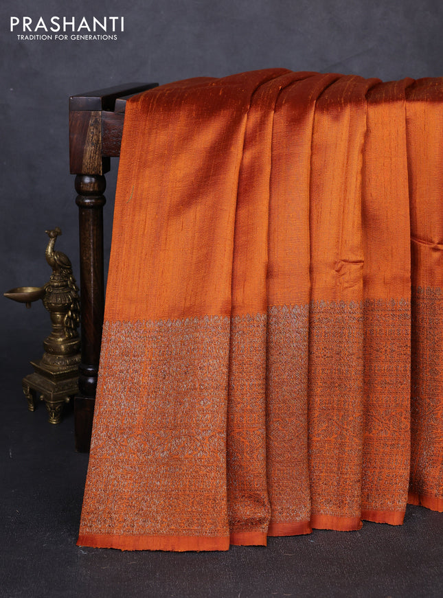 Banarasi raw silk saree rustic orange and red with plain body and long thread & zari woven border
