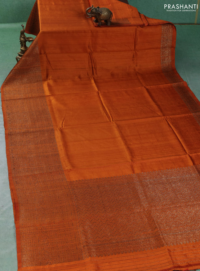 Banarasi raw silk saree rustic orange and red with plain body and long thread & zari woven border