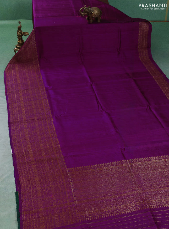 Banarasi raw silk saree magenta pink and bottle green with plain body and long thread & zari woven border