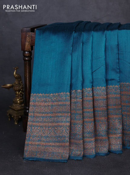 Banarasi raw silk saree teal blue and pink with plain body and long thread & zari woven border