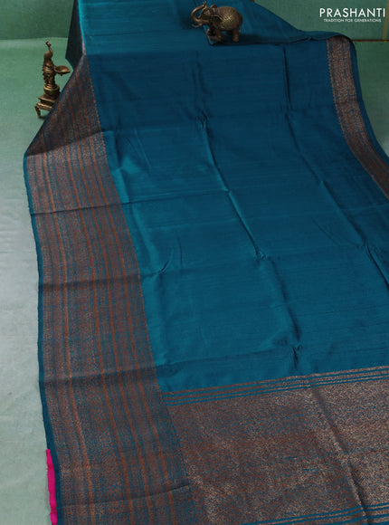 Banarasi raw silk saree teal blue and pink with plain body and long thread & zari woven border